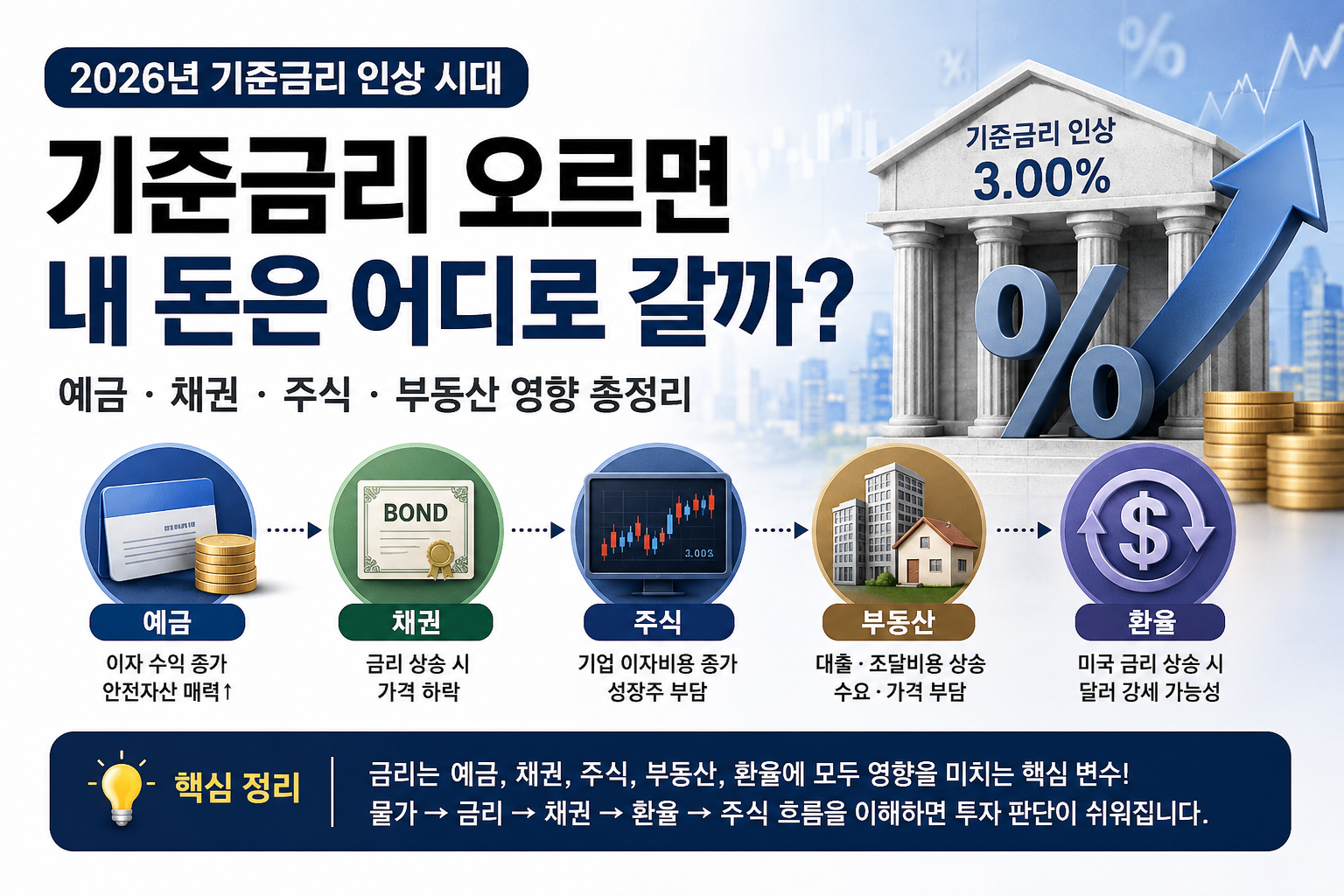 2026 기준금리 인상 시 예금 채권 주식 부동산 환율에 미치는 영향